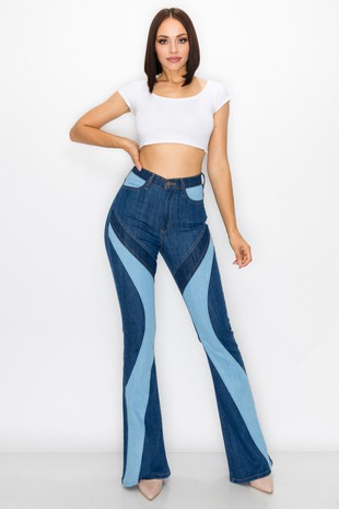 High rise multi panel flare jeans