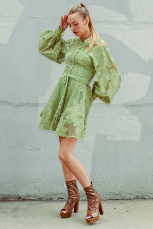 Floral Lace Mesh Braided Belt Mini Dress