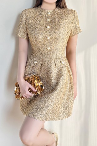 Tweed Short Sleeve Mini Dress With Pearl Buttons
